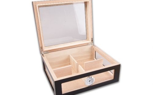 Gasztrohumidor 80 szál szivar részére, cédrusfa szivar doboz, üveges, hygrométerrel és párásítóval - fekete